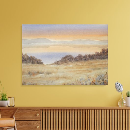 Dusk Lake Blush Waterverf Landschapsprint Canvas Afdruk (Insitu (Woonkamer))