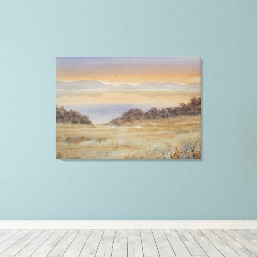 Dusk Lake Blush Waterverf Landschapsprint Canvas Afdruk (Insitu (Houten vloer))