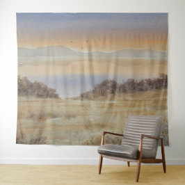 Dusk Lake Blush Waterverf Landschapsprint Wandkleed