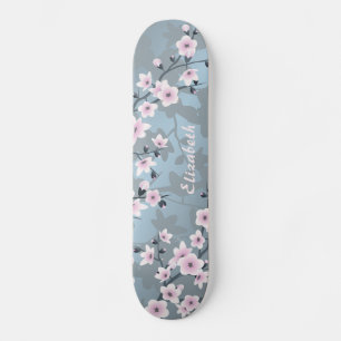 Dusk Pink Grayish Blue Cherry Blossom Monogram Persoonlijk Skateboard