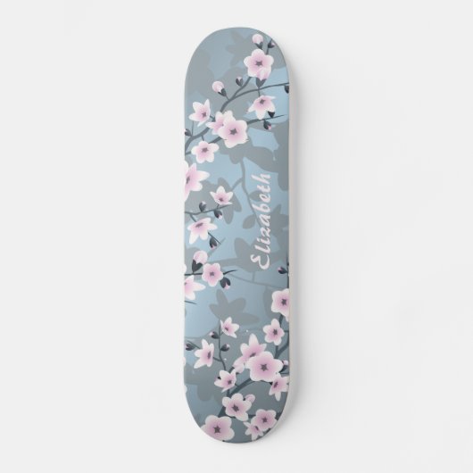 Dusk Pink Grayish Blue Cherry Blossom Monogram Persoonlijk Skateboard (Voorkant)