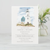 Dusky Aqua Blue Lighthouse Mountain Wedding Invite Bedankkaart (Staand voorkant)
