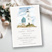 Dusky Aqua Blue Lighthouse Mountain Wedding Invite Bedankkaart