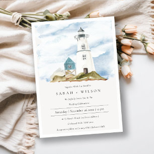 Dusky Aqua Blue Lighthouse Mountain Wedding Invite Bedankkaart
