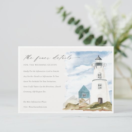 Dusky Aqua Lighthouse Mountain Wedding Details Informatiekaartje (Staand voorkant)