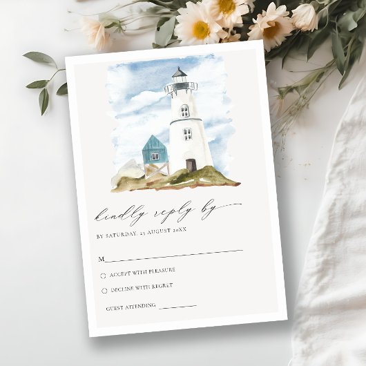 Dusky Aqua Lighthouse Mountain Wedding RSVP Informatiekaartje