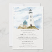 Dusky Aqua Lighthouse Mountains Verloving Invite Bedankkaart (Voorkant)