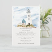 Dusky Aqua Lighthouse Mountains Verloving Invite Bedankkaart (Staand voorkant)