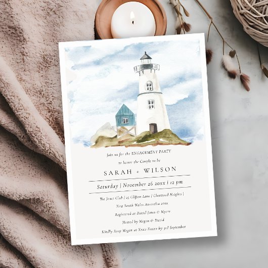 Dusky Aqua Lighthouse Mountains Verloving Invite Bedankkaart
