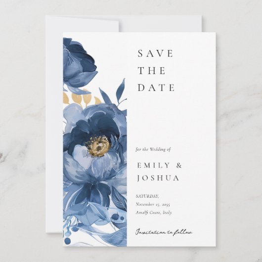 Dusky Blauw Goud Bloemen Bruiloft Save The Date (Voorkant)