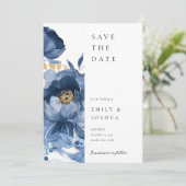 Dusky Blauw Goud Bloemen Bruiloft Save The Date (Staand voorkant)