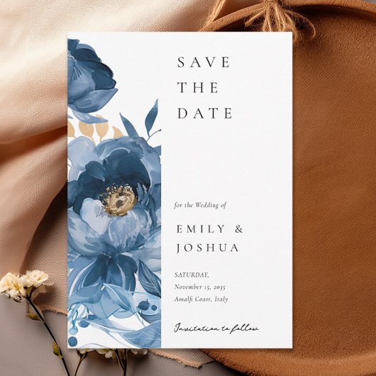 Dusky Blauw Goud Bloemen Bruiloft Save The Date