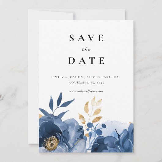 Dusky Blauw Goud Bloemen Bruiloft Save The Date (Voorkant)