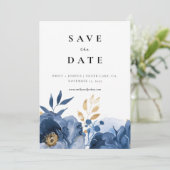 Dusky Blauw Goud Bloemen Bruiloft Save The Date (Staand voorkant)