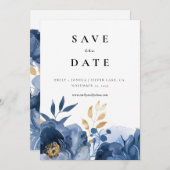 Dusky Blauw Goud Bloemen Bruiloft Save The Date (Voorkant / Achterkant)
