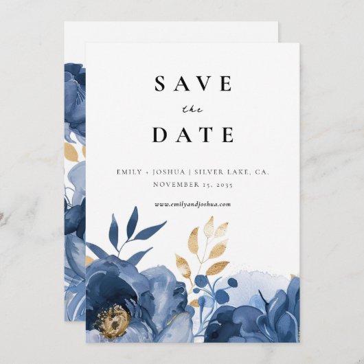 Dusky Blauw Goud Bloemen Bruiloft Save The Date (Voorkant / Achterkant)