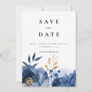 Dusky Blauw Goud Bloemen Bruiloft Save The Date