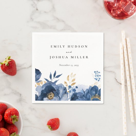 Dusky Blauw Goud Bloemen Bruiloft Servet (Insitu)