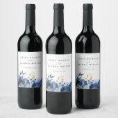 Dusky Blauw Goud Bloemen Bruiloft Wijn Etiket (Flessen)