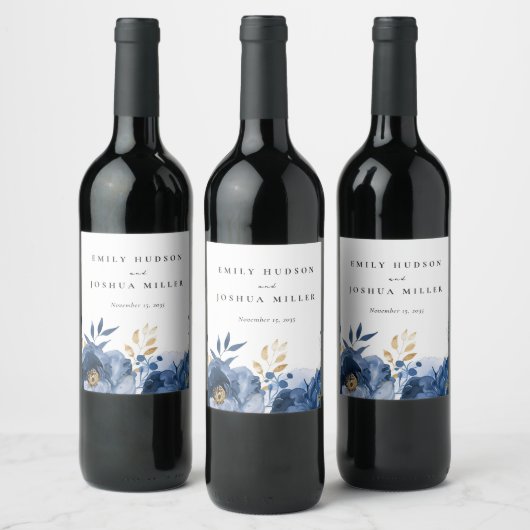 Dusky Blauw Goud Bloemen Bruiloft Wijn Etiket (Flessen)