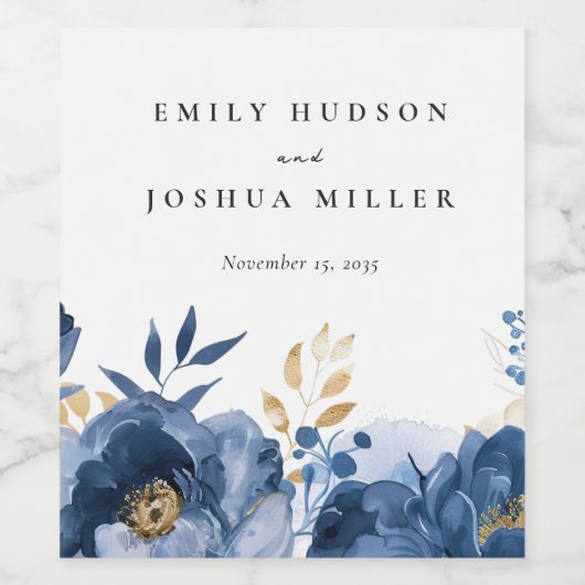 Dusky Blauw Goud Bloemen Bruiloft Wijn Etiket (Enkel label)