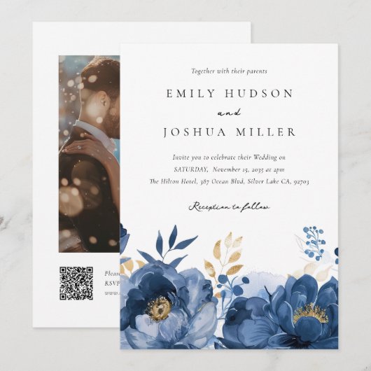 Dusky Blauw Goud Bloemen QR Foto Bruiloft Kaart (Voorkant / Achterkant)