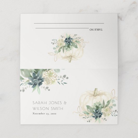 Dusky Blauw Groen Goud Succulent Pompoen Bruiloft  Plaatskaartje (Buitenkant ongevouwen)