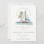 Dusky Blauwgroen Blue Sailboat Palm Waterverf Seas Save The Date (Voorkant)