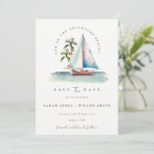Dusky Blauwgroen Blue Sailboat Palm Waterverf Seas Save The Date (Staand voorkant)