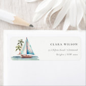 Dusky Blauwgroen Sailboat Palm Seascape Adres Etiket (Insitu)