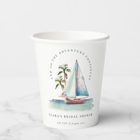 Dusky Blauwgroen Sailboot Palm Seascape Vrijgezell Papieren Bekers (Achterkant)
