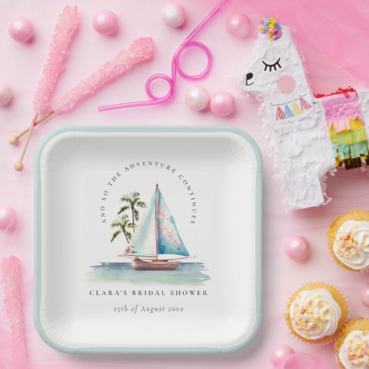 Dusky Blauwgroen Sailboot Palm Seascape Vrijgezell Papieren Bordje (Feest)