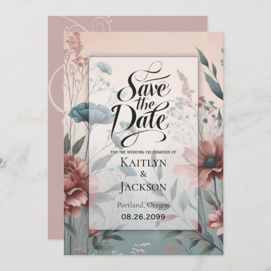Dusky bloemblaadjes en zachte sereniteit Bloemen Save The Date (Voorkant / Achterkant)