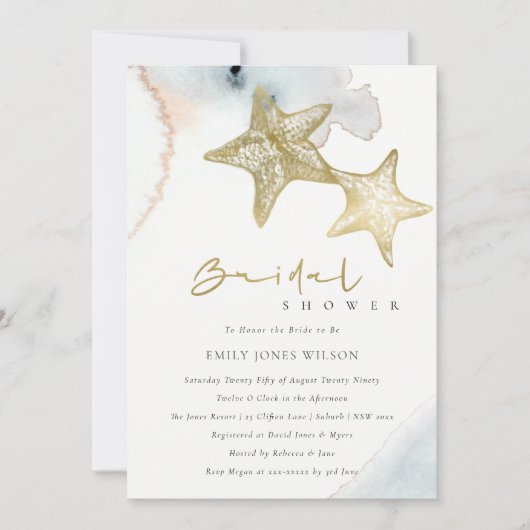 DUSKY BLUE BEACH STARFISH VRIJGEZELLENFEEST INVITE BEDANKKAART (Voorkant)