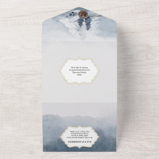 Dusky Blue-bos met kerstbruiloft All In One Uitnodiging (Buitenkant)