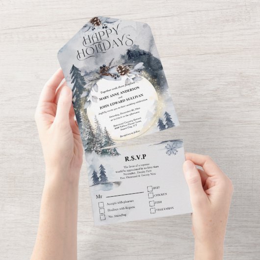 Dusky Blue-bos met kerstbruiloft All In One Uitnodiging (Afscheurbaar)