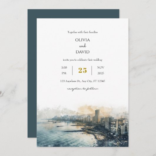 Dusky Blue Coastal Skyline City Uitzicht Beach Wed Kaart (Voorkant / Achterkant)