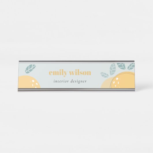 Dusky Blue Cute Lemon Abstracte Vruchtbare Citrus Bureau Naambordje (Voorkant)