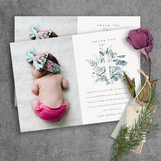 Dusky Blue Eucalyptus Fauna Cross Foto Baptisme Bedankkaart