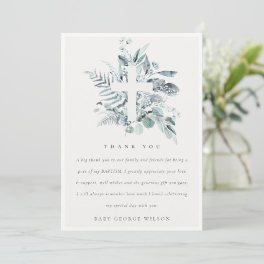 Dusky Blue Eucalyptus Fern Foliage Cross-Baptisme Bedankkaart (Staand voorkant)