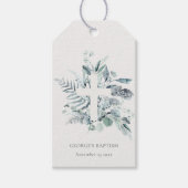 Dusky Blue Eucalyptus Fern Foliage Cross-Baptisme Cadeaulabel (Voorkant)