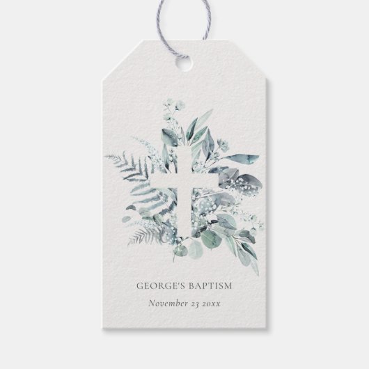 Dusky Blue Eucalyptus Fern Foliage Cross-Baptisme Cadeaulabel (Voorkant)