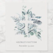 Dusky Blue Eucalyptus Fern Foliage Cross-Baptisme Wijn Etiket (Enkel label)