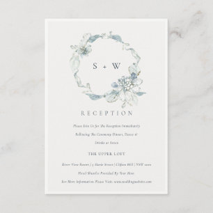 Dusky Blue Flora Wreath Monogram Weddenschap Informatiekaartje
