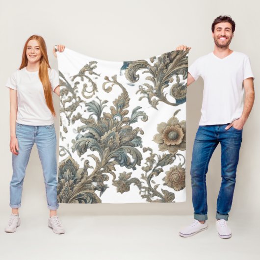 Dusky Blue Floral Brocade patroon Fleece Deken (In situ)