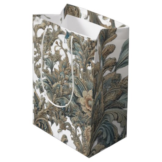 Dusky Blue Floral Brocade patroon Medium Cadeauzakje (Achterkant Gekanteld)