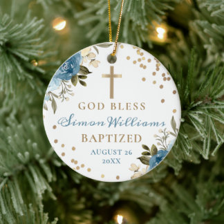 Dusky Blue Floral Gold Glitter doopfoto Keramisch Ornament