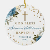 Dusky Blue Floral Gold Glitter doopfoto Keramisch Ornament (Voorkant)