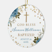 Dusky Blue Floral Gold Glitter doopfoto Keramisch Ornament (Links)