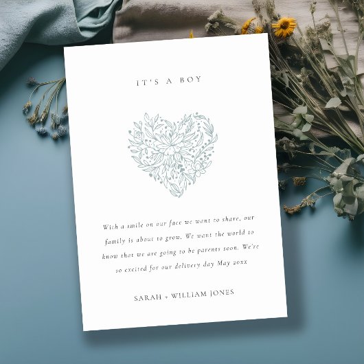 Dusky Blue Floral Heart Baby Aankondiging